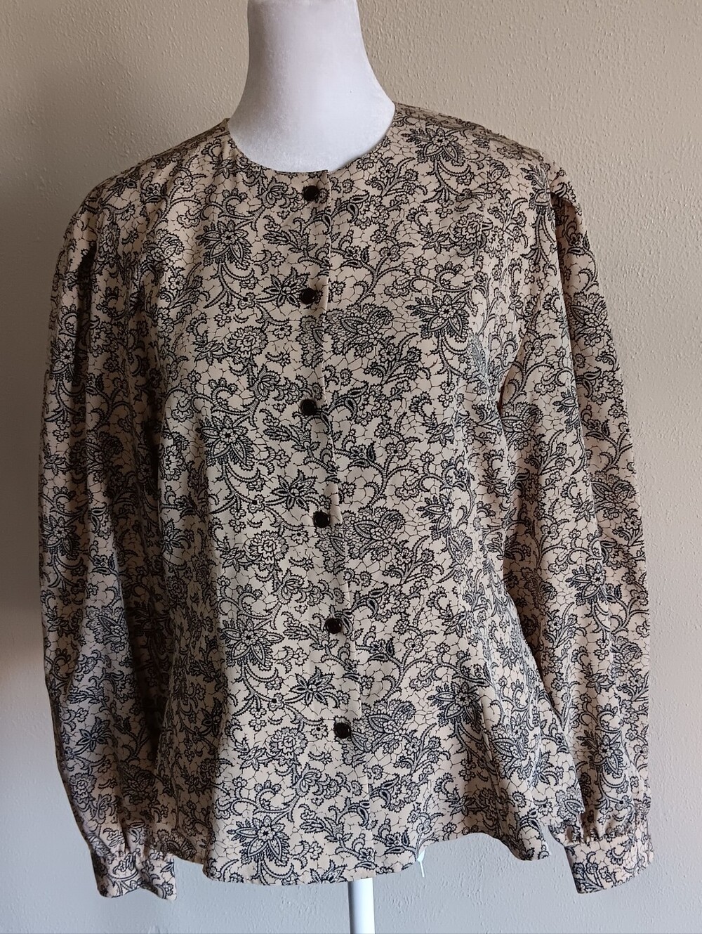 Whimsigoth Victorian Cream Black Button Up Blouse Size 12, Lightweight